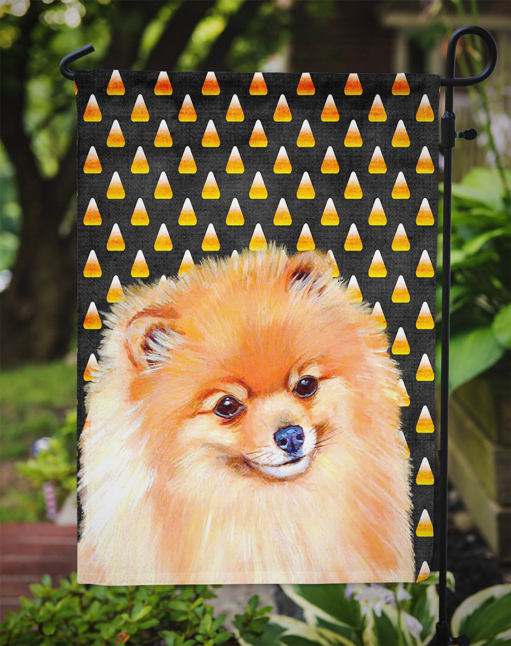 Pomeranian Candy Corn Halloween Portrait Flag Garden Size.