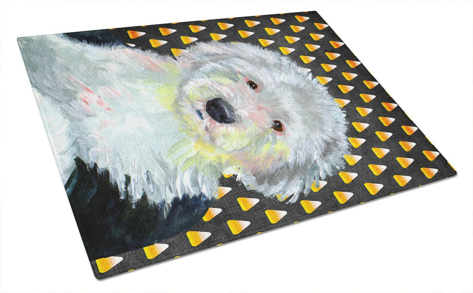 Old English Sheepdog Candy Corn Halloween Portrait Glass Cutting Board Large by Caroline's Treasures