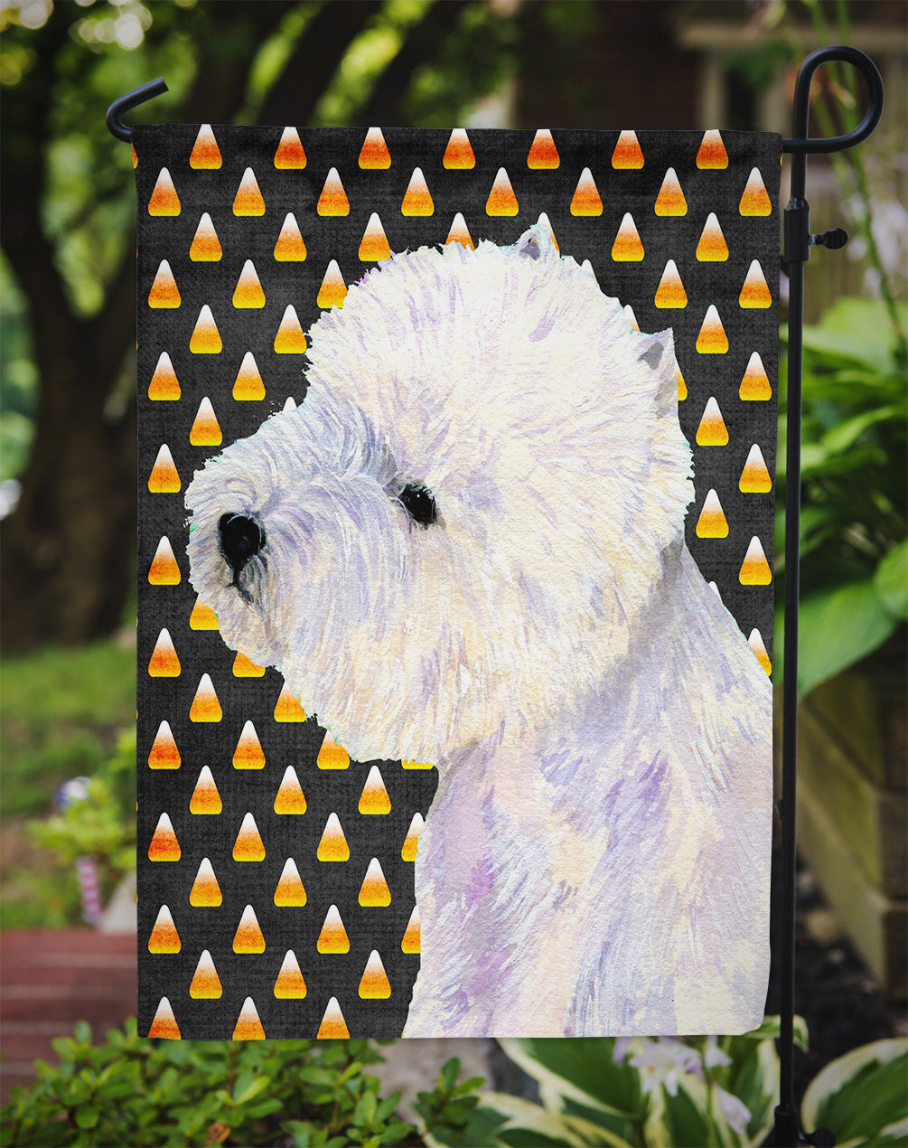 Westie Candy Corn Halloween Portrait Flag Garden Size.