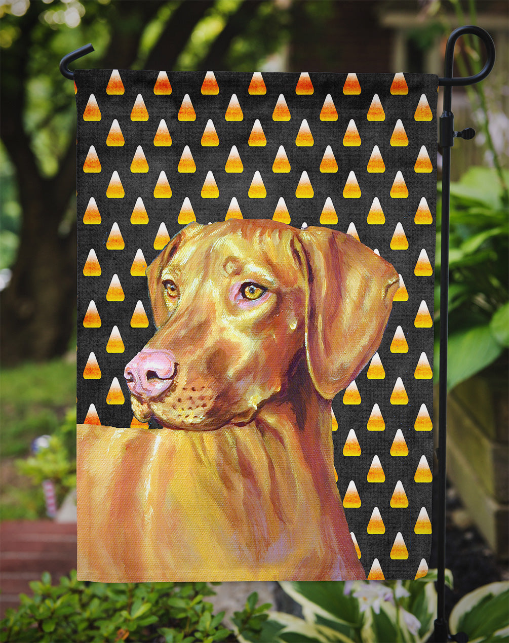 Vizsla Candy Corn Halloween Portrait Flag Garden Size.