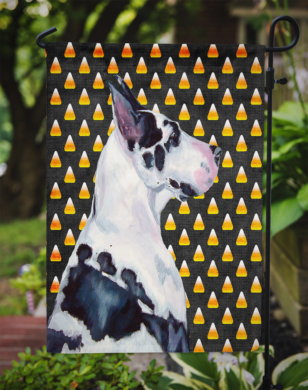 Great Dane Candy Corn Halloween Portrait Flag Garden Size.