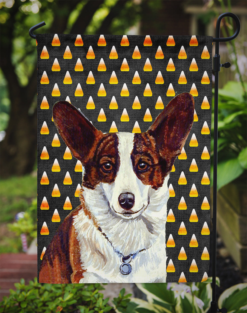 Corgi Candy Corn Halloween Portrait Flag Garden Size.