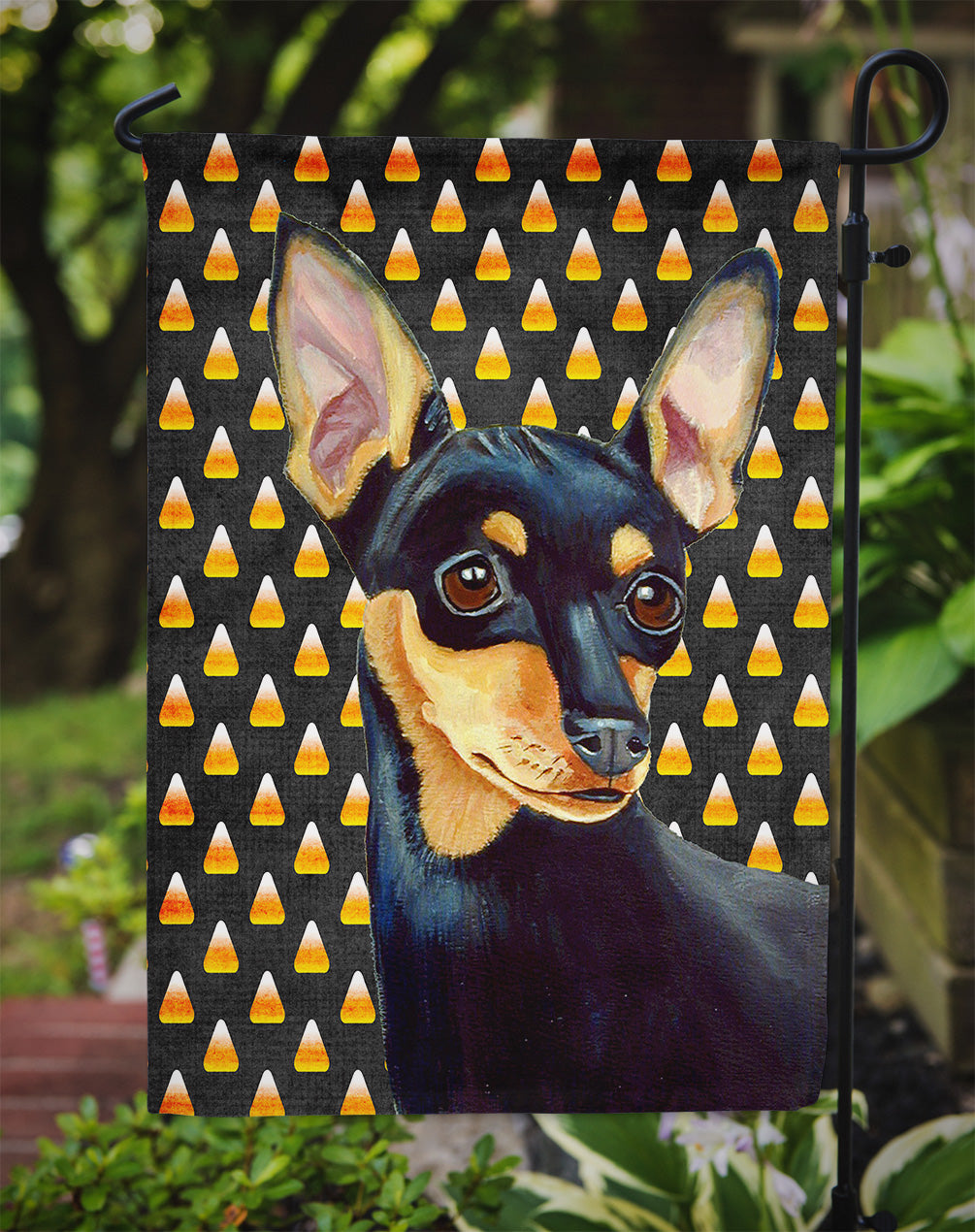 Min Pin Candy Corn Halloween Portrait Flag Garden Size.