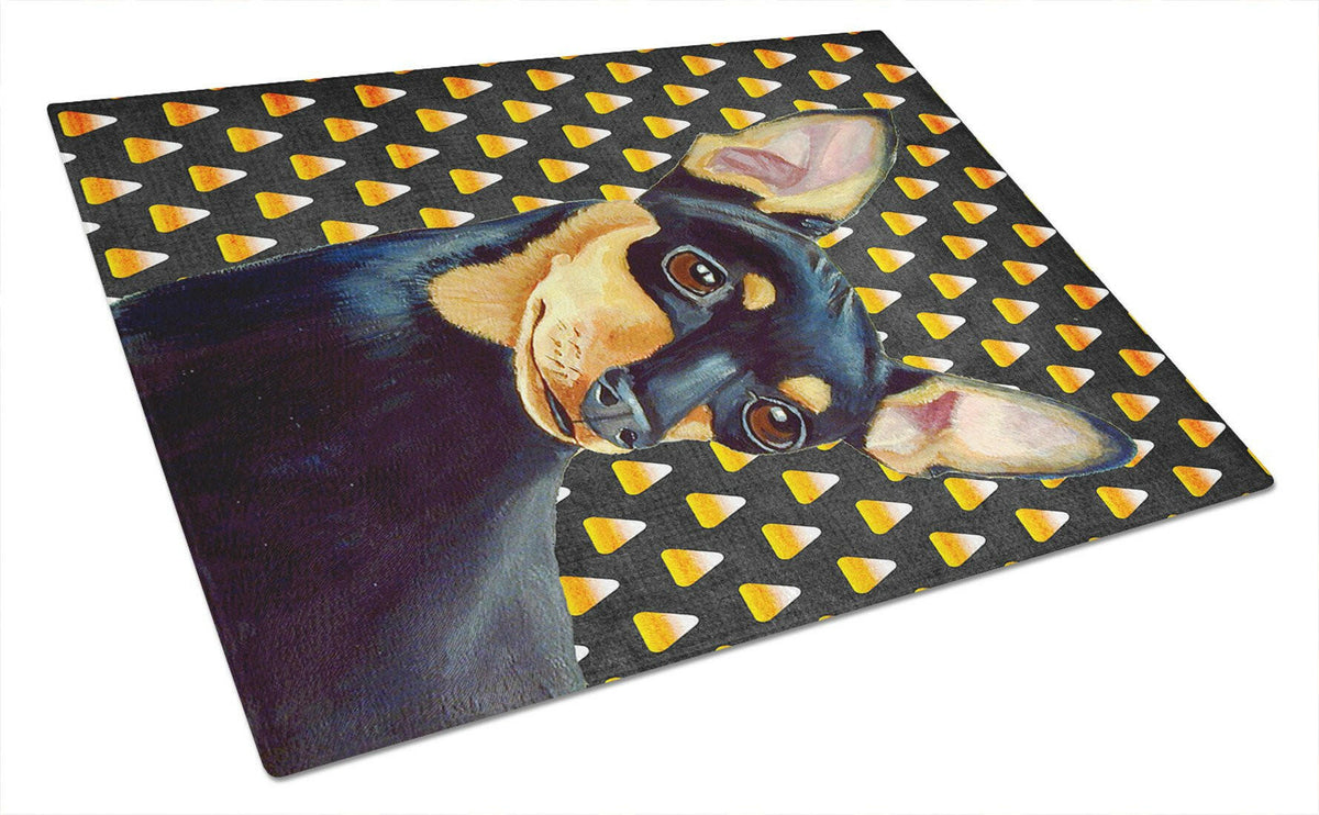 Min Pin Candy Corn Halloween Portrait Glass Cutting Board Large by Caroline&#39;s Treasures