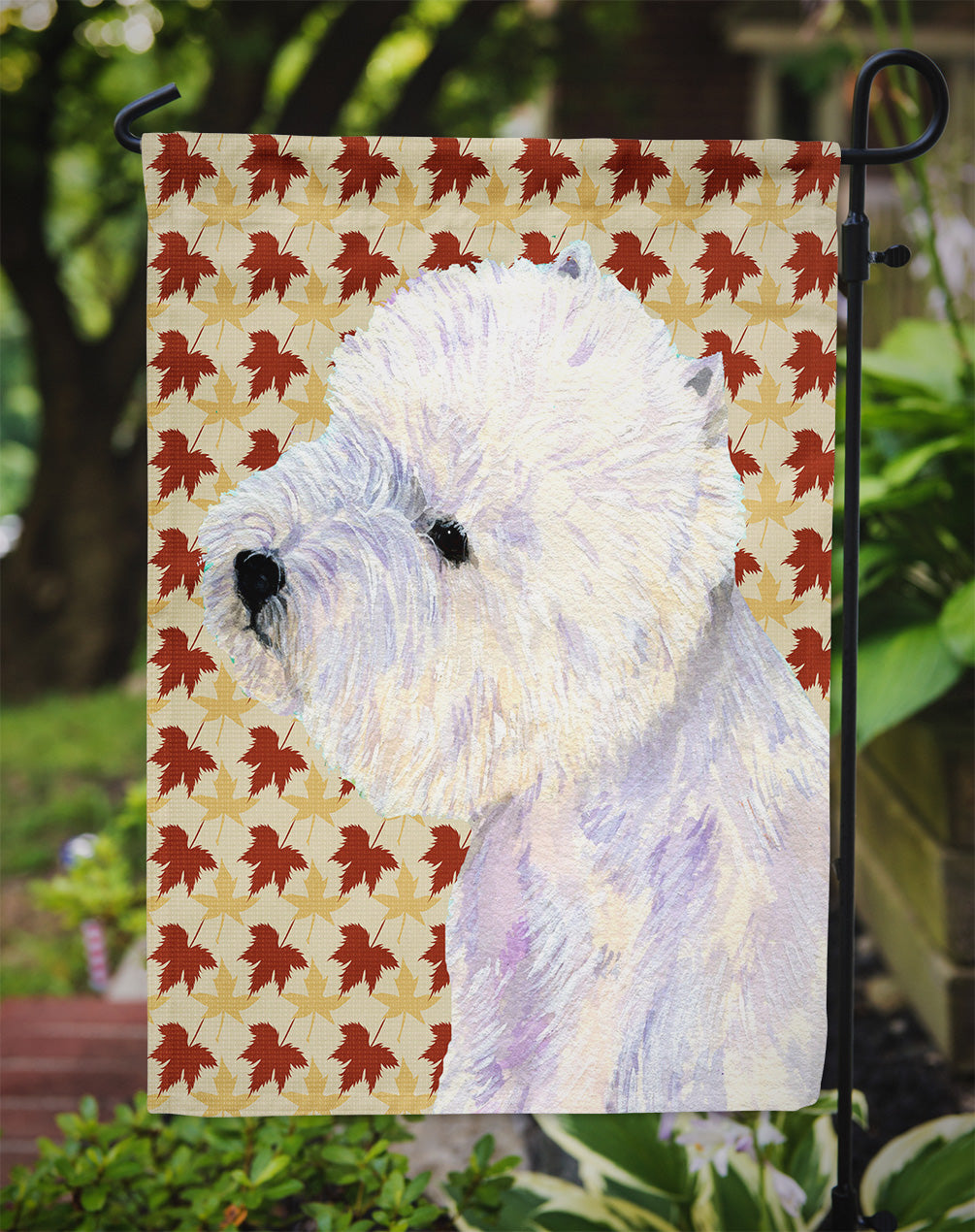 Westie Fall Leaves Portrait Flag Garden Size.