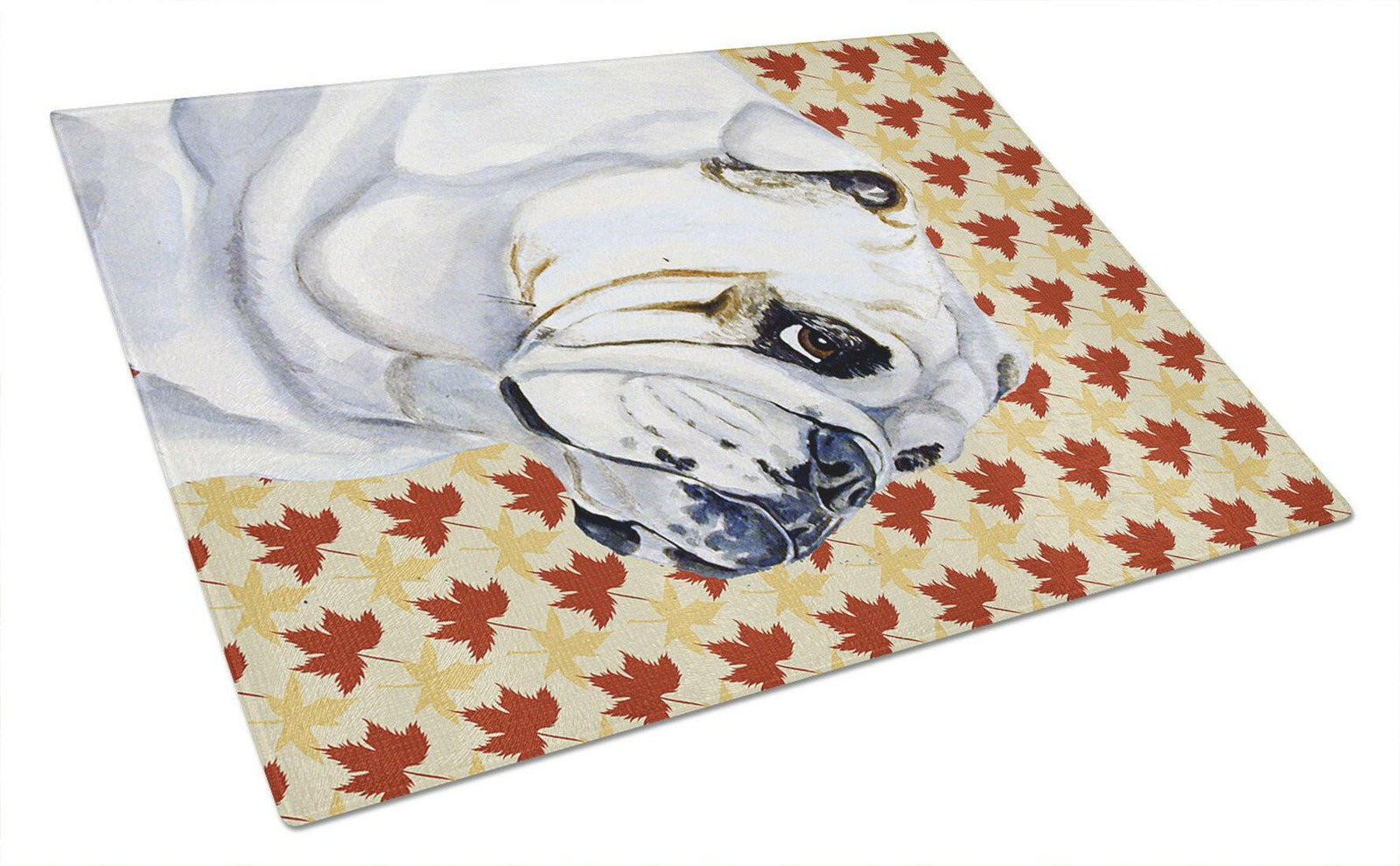 Bulldog English Fall Leaves Portrait Glass Cutting Board Large by Caroline's Treasures