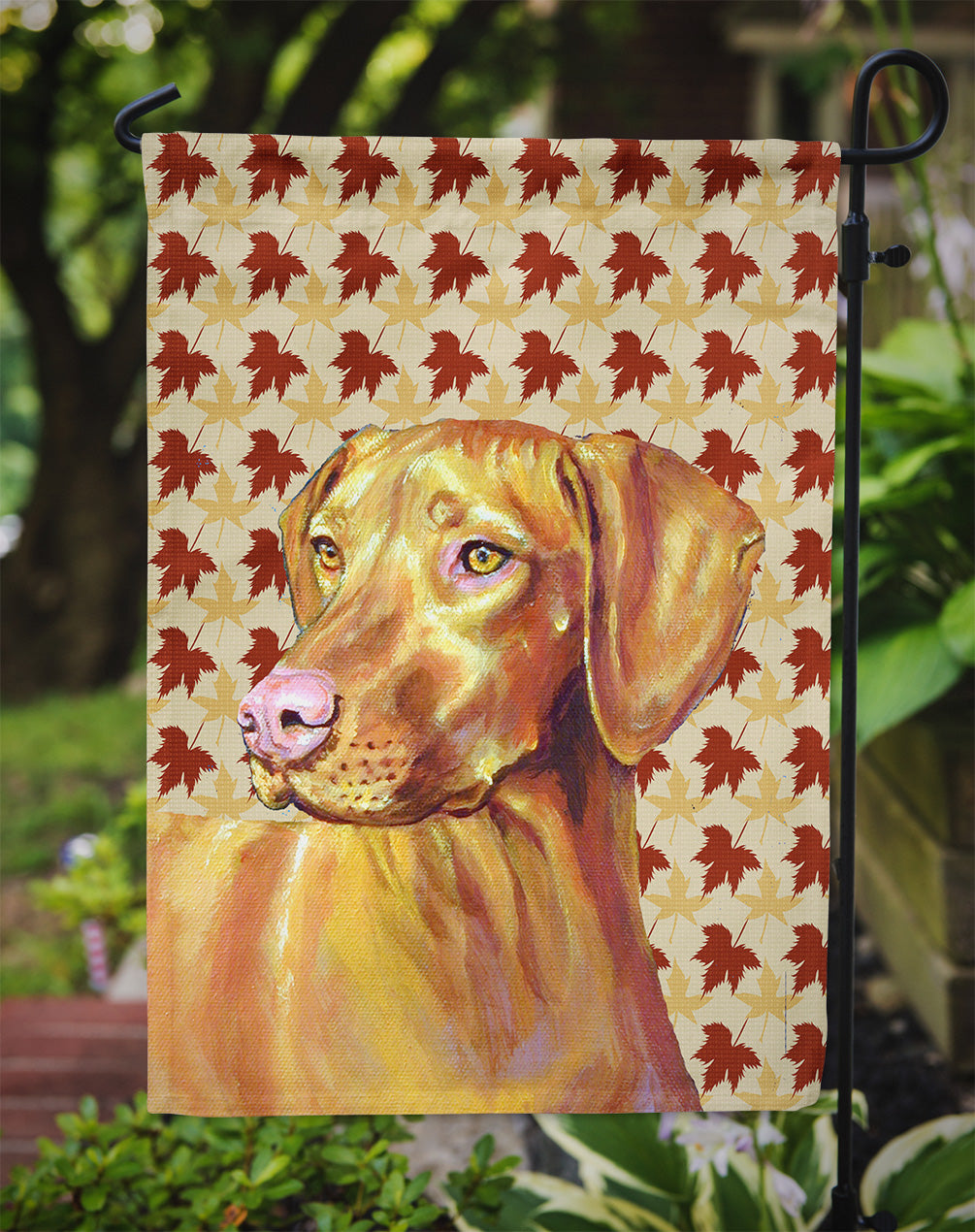 Vizsla Fall Leaves Portrait Flag Garden Size.