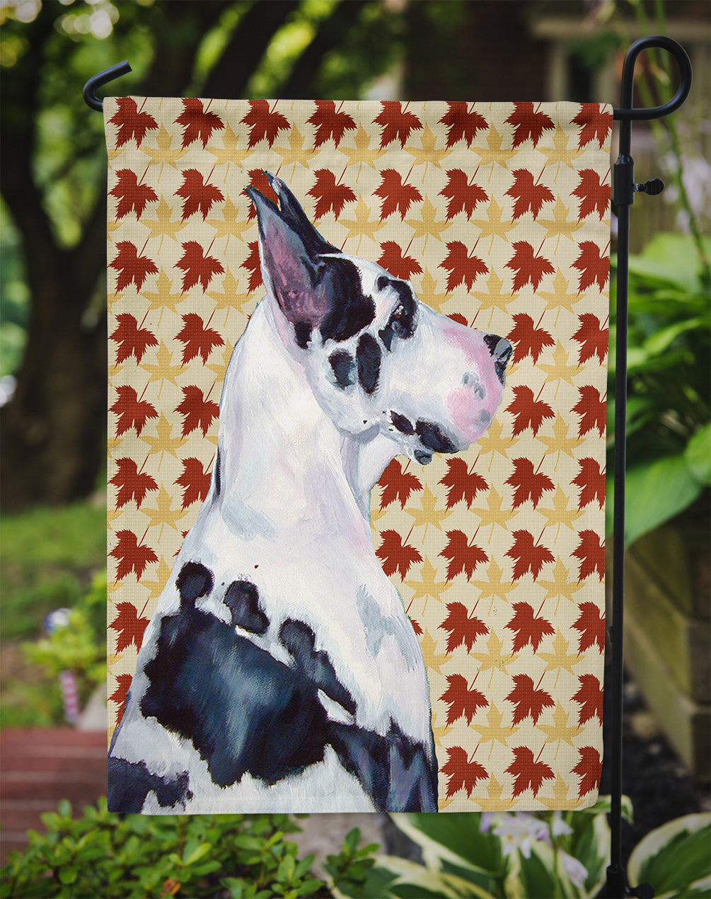 Great Dane Fall Leaves Portrait Flag Garden Size.