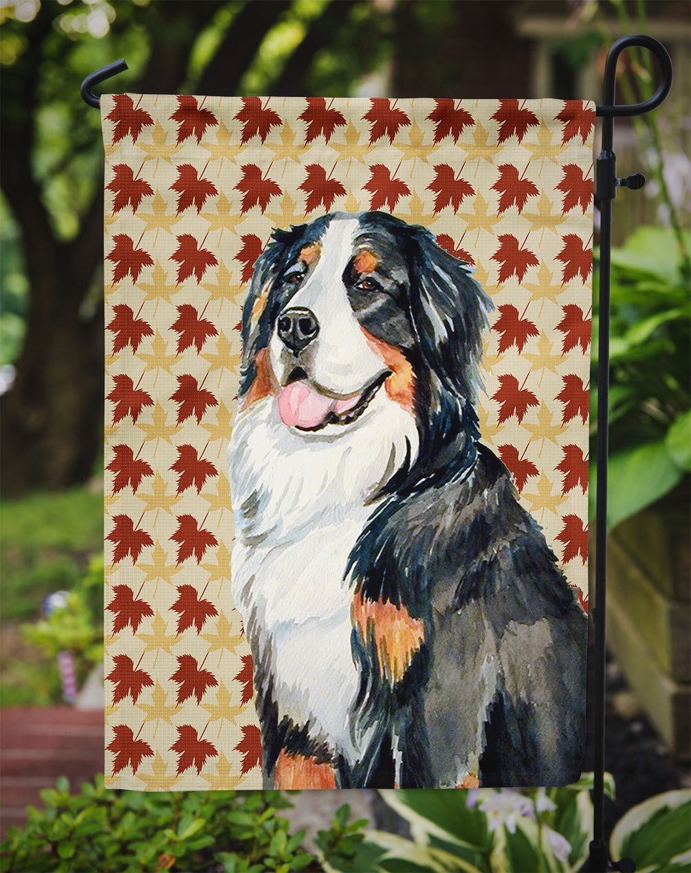 Bernese Mountain Dog Fall Leaves Portrait Flag Garden Size.