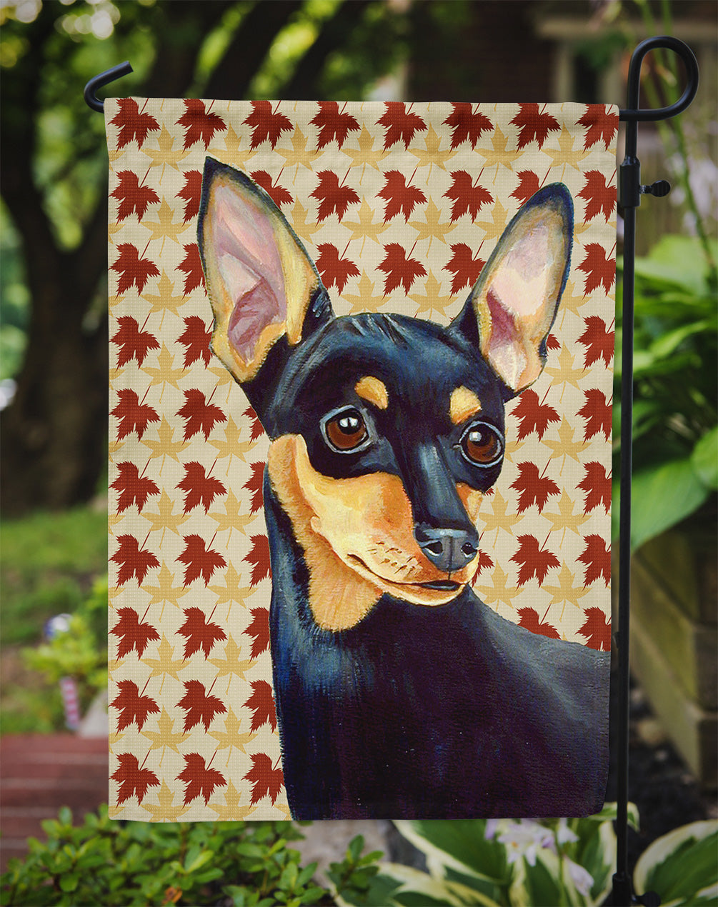 Min Pin Fall Leaves Portrait Flag Garden Size.