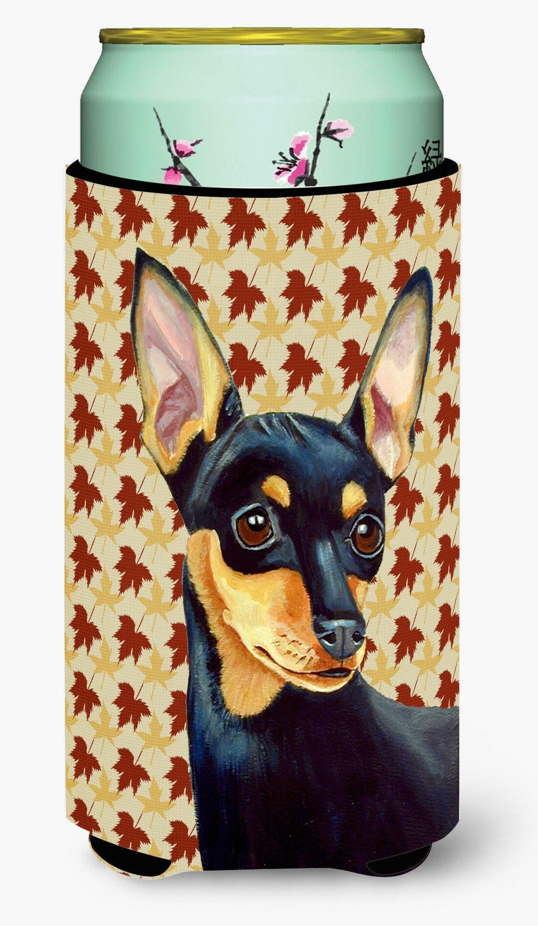 Min Pin Fall Leaves Portrait  Tall Boy Beverage Insulator Beverage Insulator Hugger by Caroline's Treasures