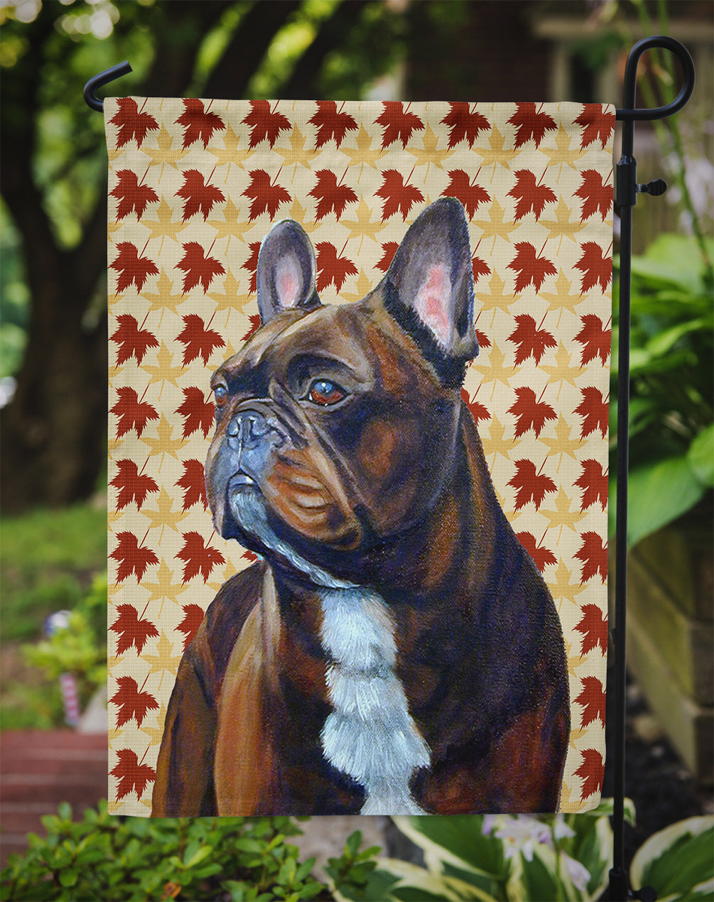 French Bulldog Fall Leaves Portrait Flag Garden Size.