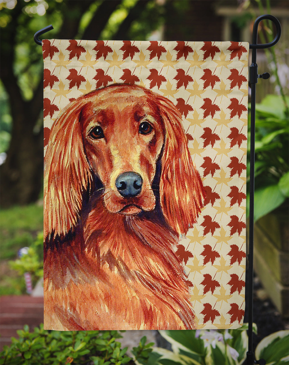 Irish Setter Fall Leaves Portrait Flag Garden Size.