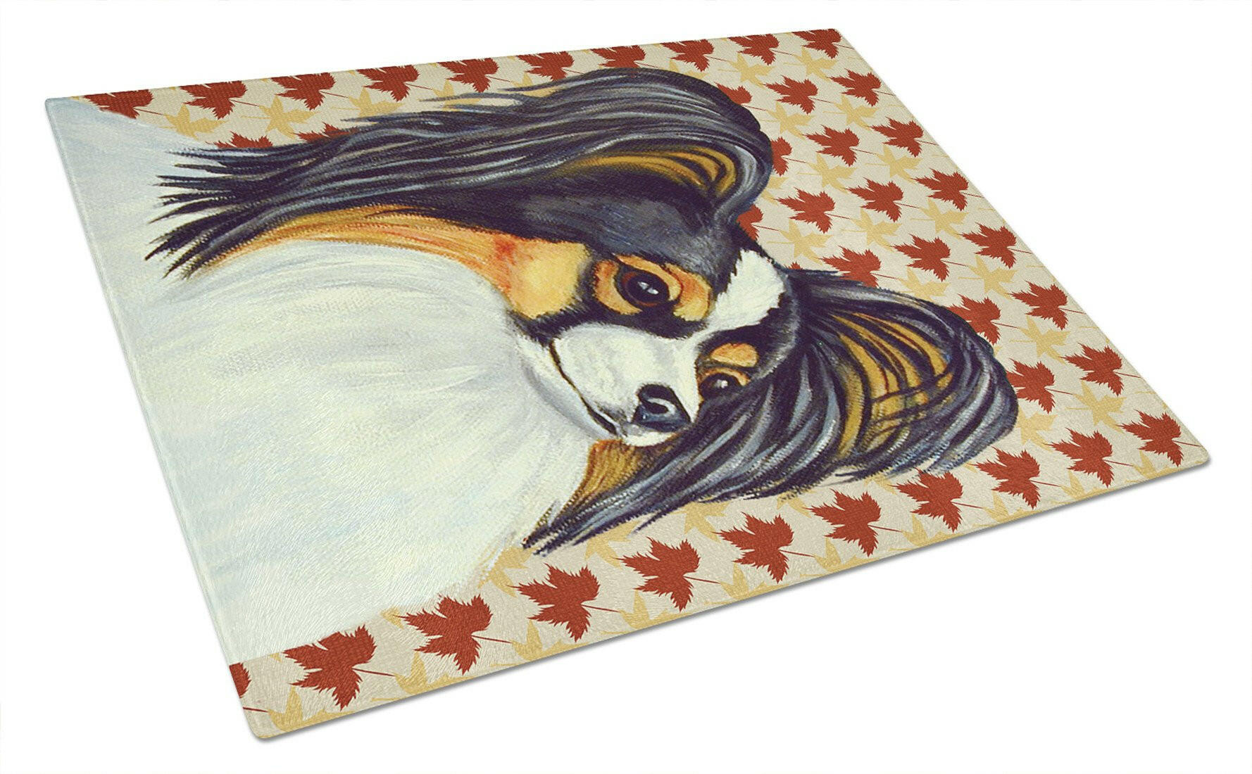 Papillon Fall Leaves Portrait Glass Cutting Board Large by Caroline's Treasures