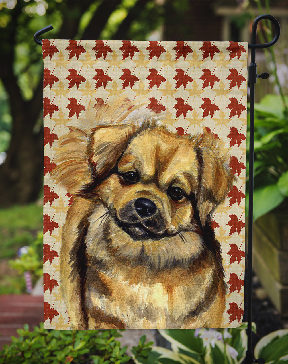 Tibetan Spaniel Fall Leaves Portrait Flag Garden Size.