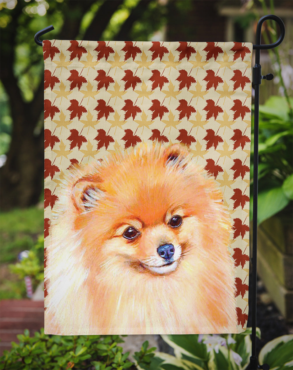 Pomeranian Fall Leaves Portrait Flag Garden Size.