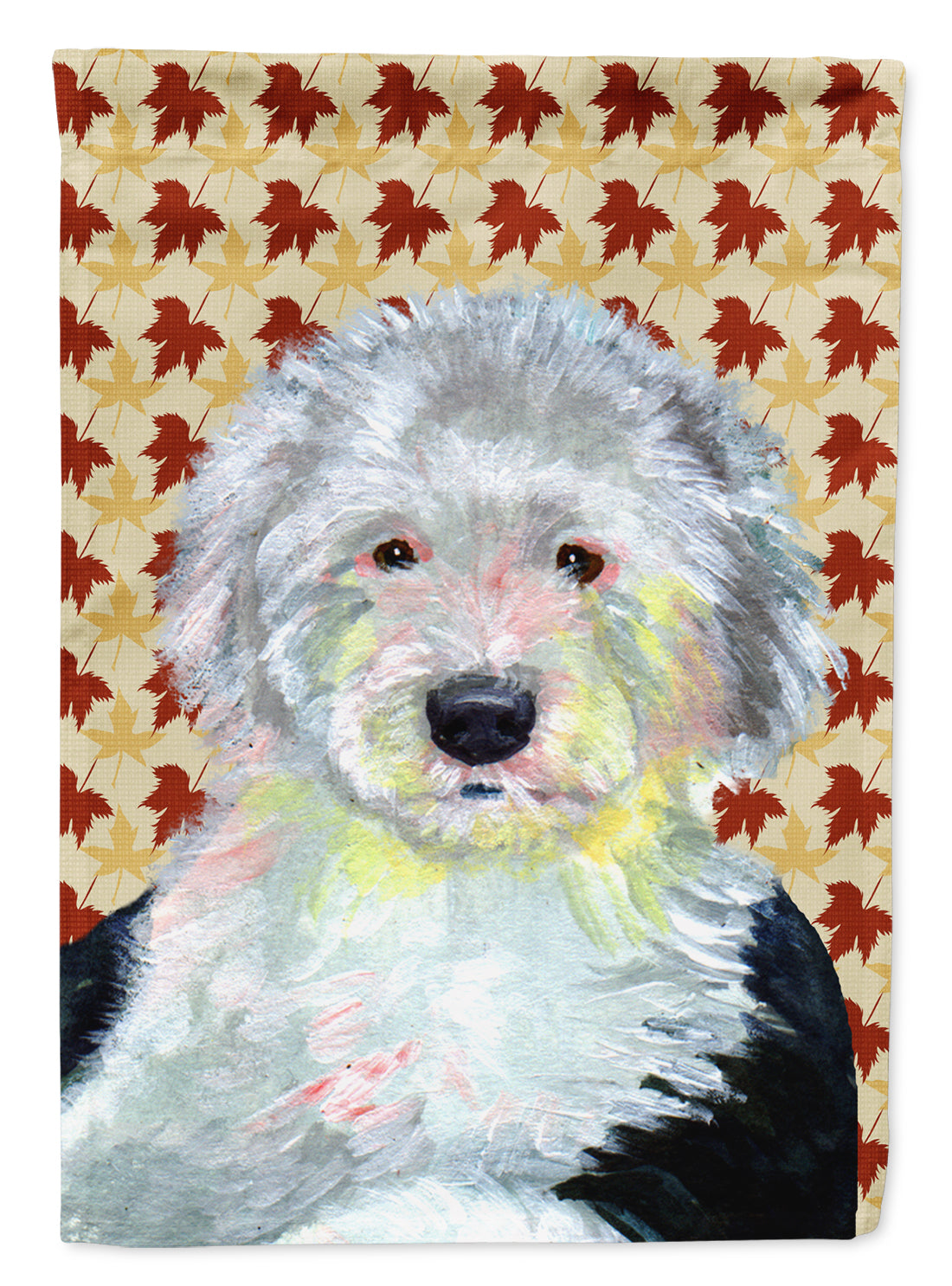 Old English Sheepdog Fall Leaves Portrait Flag Canvas House Size  the-store.com.