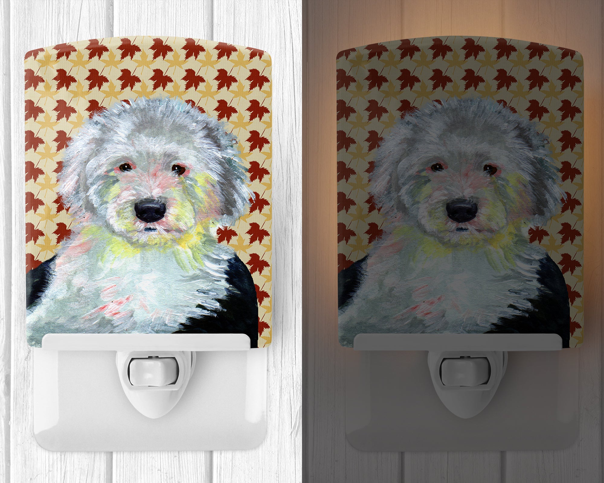 Old English Sheepdog Fall Leaves Portrait Ceramic Night Light LH9126CNL - the-store.com