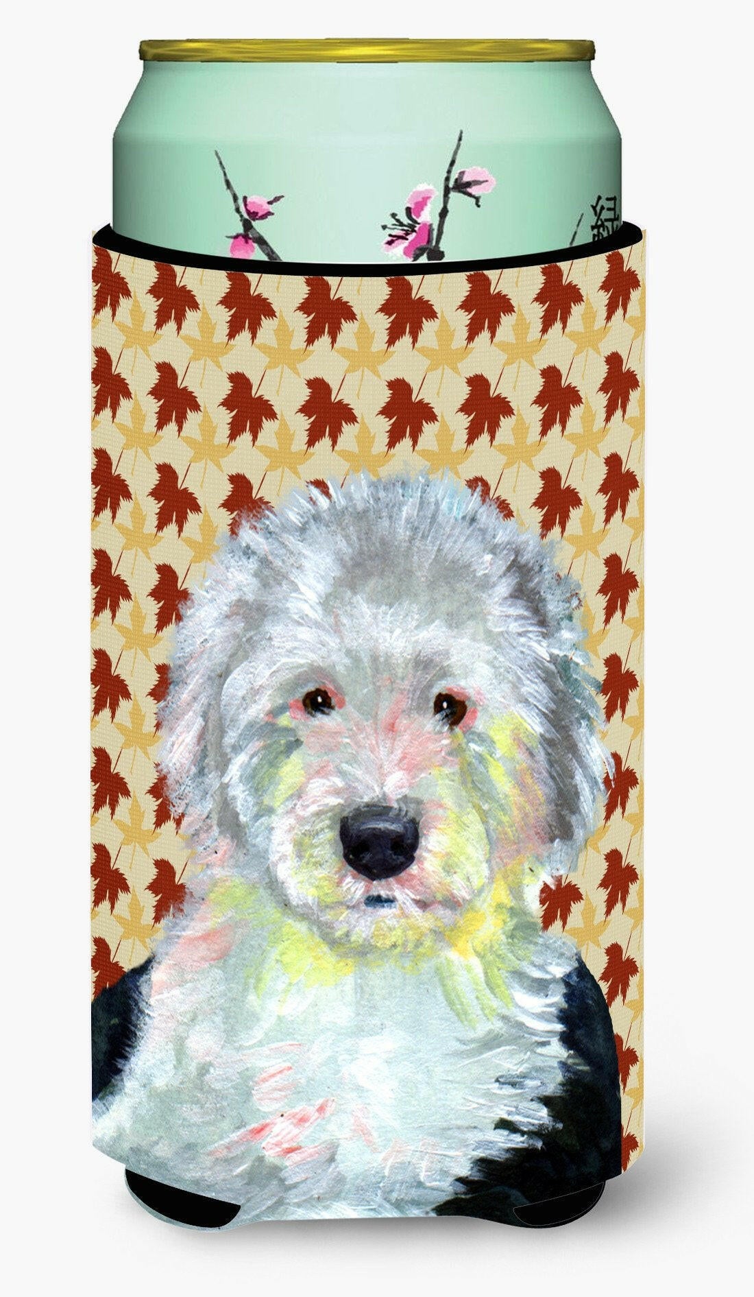 Old English Sheepdog Fall Leaves Portrait  Tall Boy Beverage Insulator Beverage Insulator Hugger by Caroline's Treasures