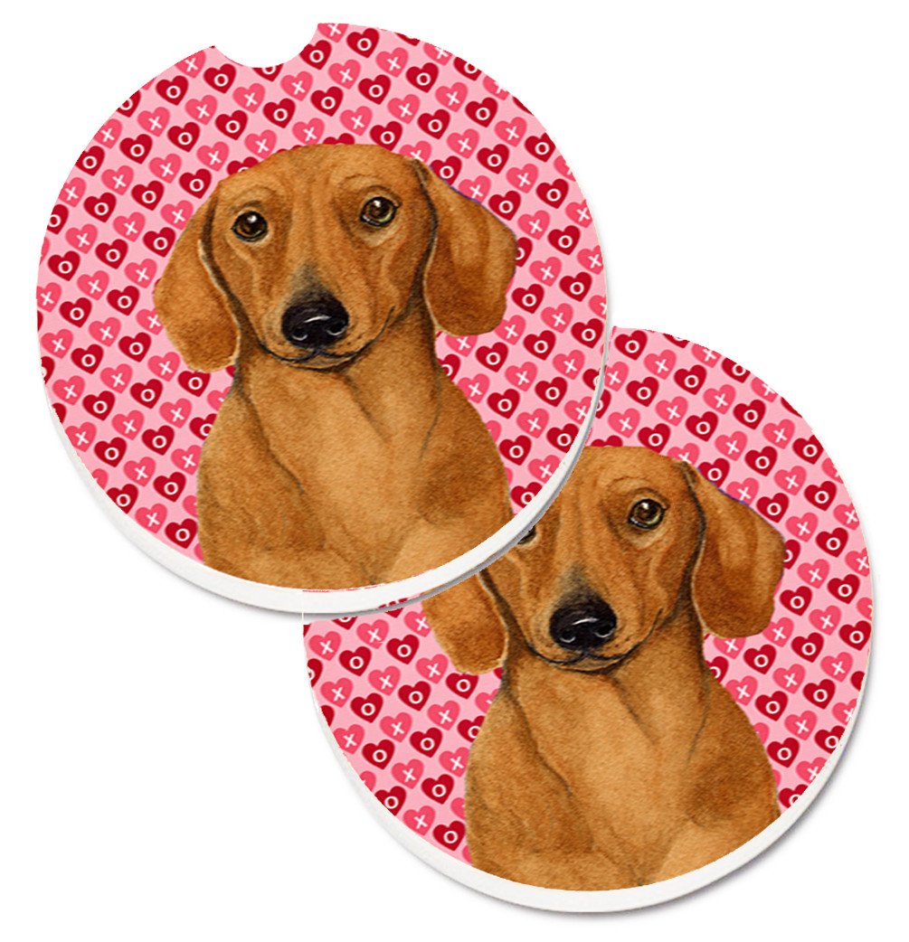 Dachshund Hearts Love and Valentine&#39;s Day Portrait Set of 2 Cup Holder Car Coasters LH9132CARC by Caroline&#39;s Treasures