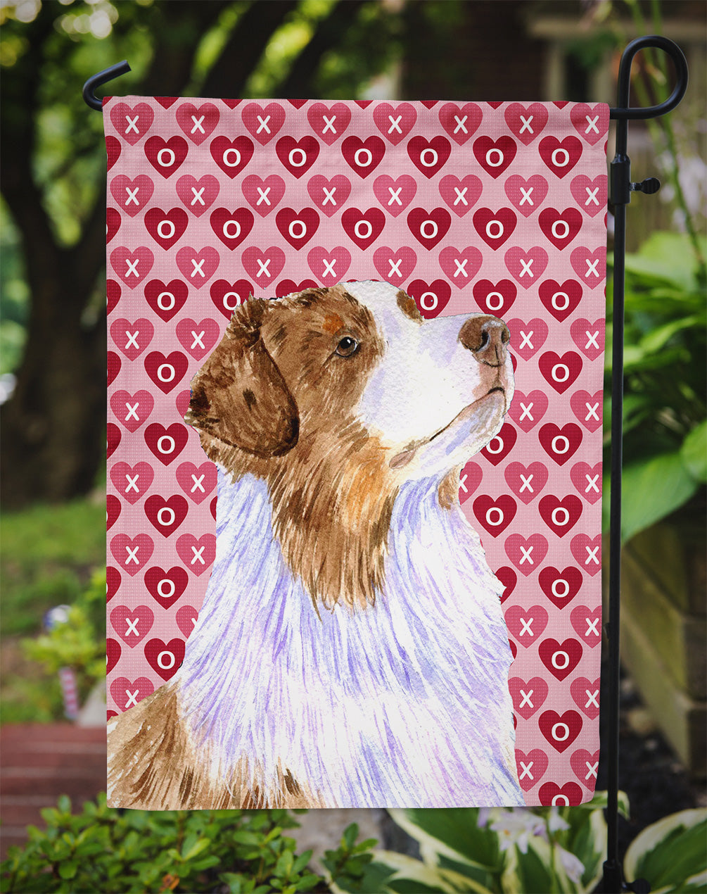 Australian Shepherd Hearts Love Valentine's Day Flag Garden Size.