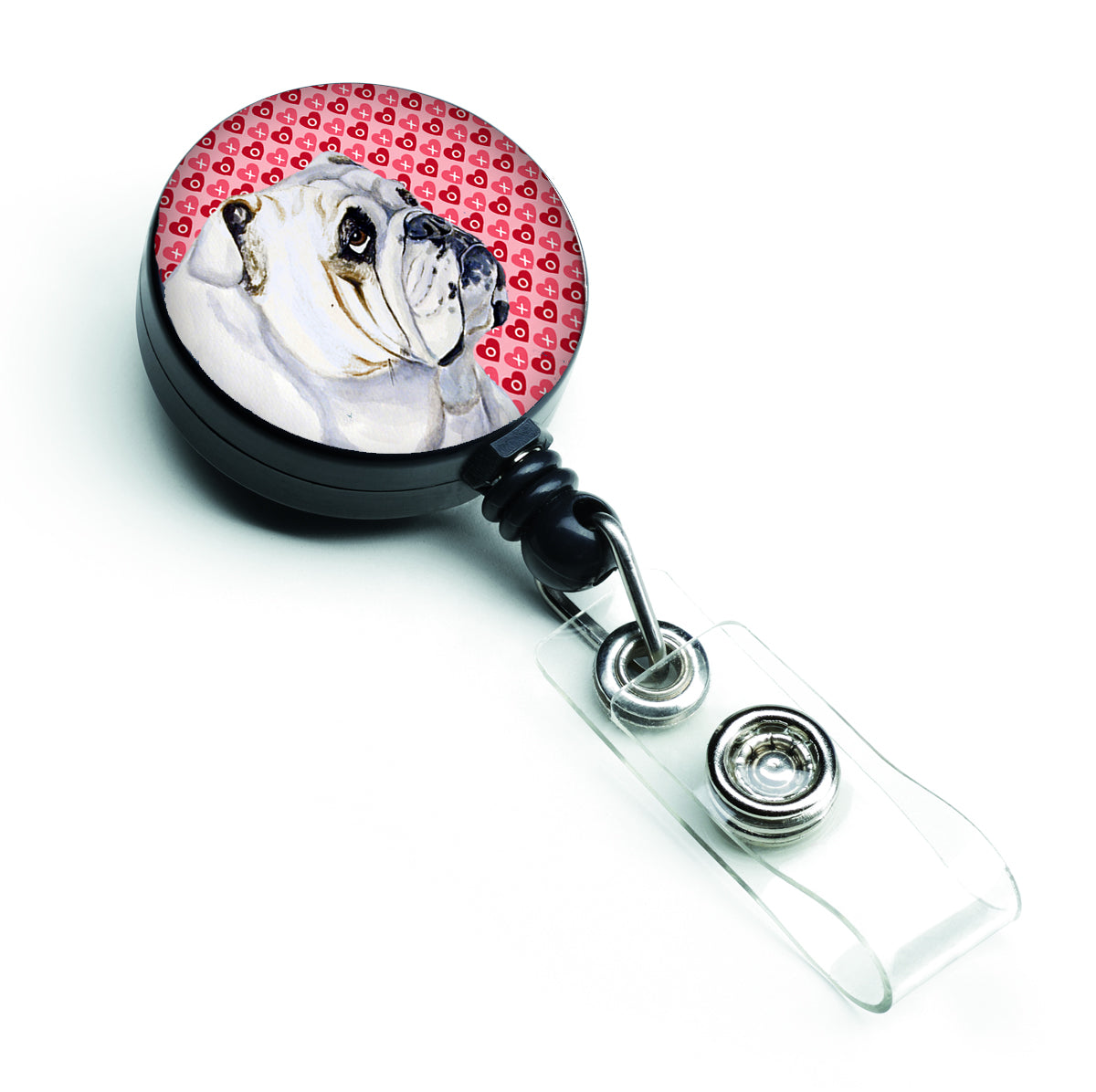 Bulldog English Love and Hearts Retractable Badge Reel or ID Holder with Clip.