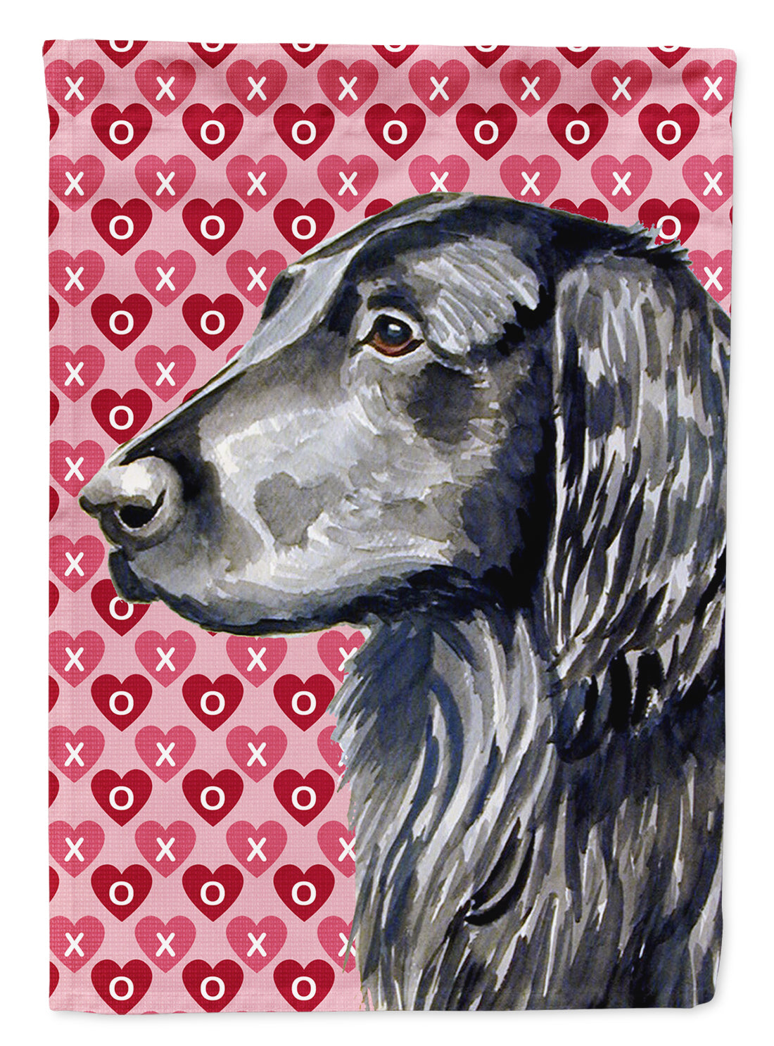 Flat Coated Retriever Hearts Love and Valentine's Day Portrait Flag Garden Size.