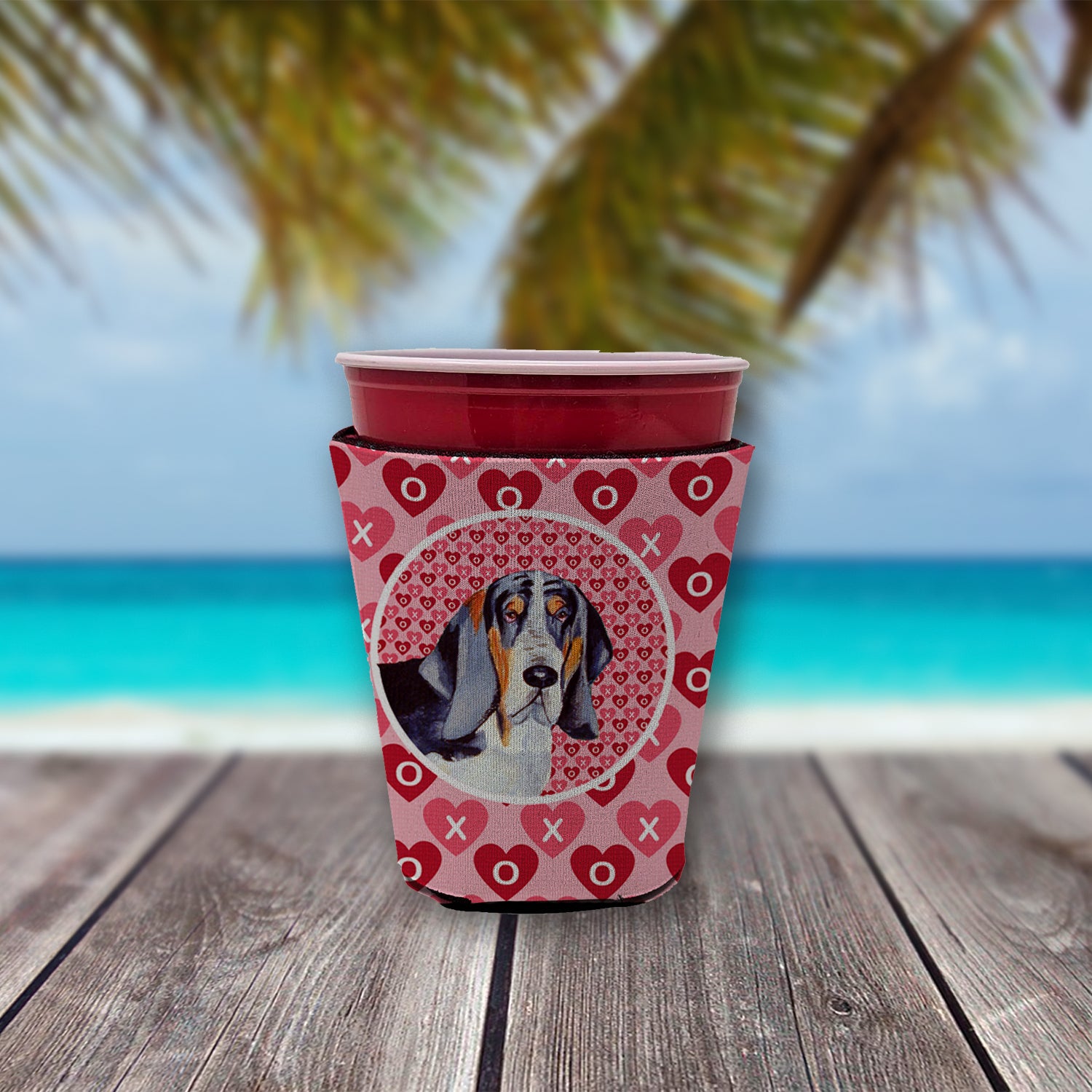 Basset Hound Valentine's Love and Hearts Red Cup Beverage Insulator Hugger  the-store.com.