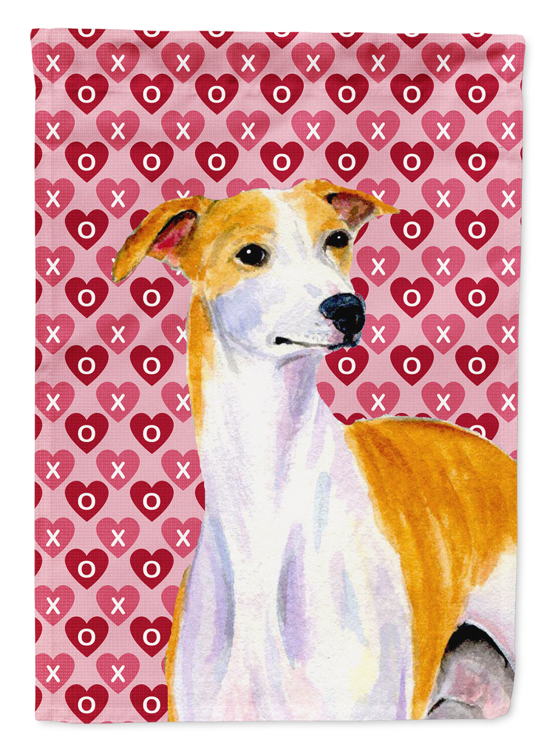 Whippet Hearts Love and Valentine's Day Portrait Flag Garden Size.