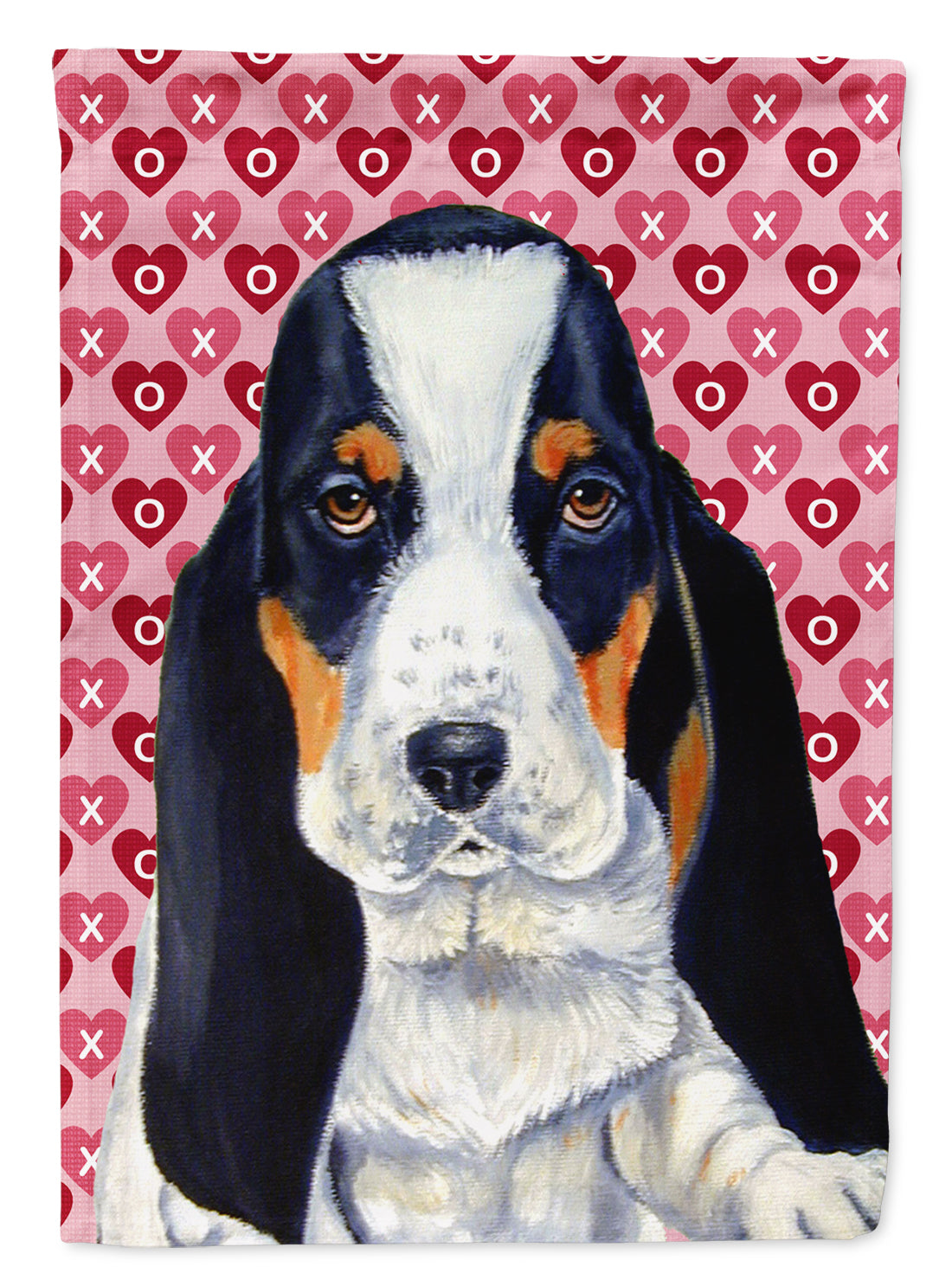 Basset Hound Hearts Love and Valentine&#39;s Day Portrait Flag Garden Size.