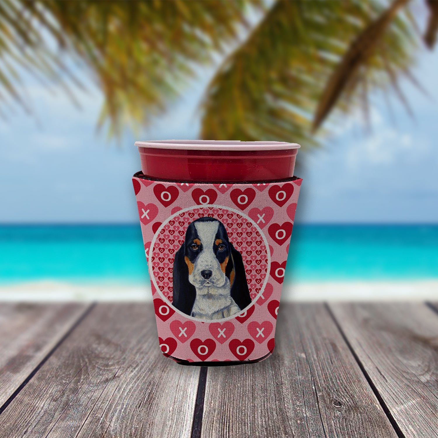 Basset Hound Valentine's Love and Hearts Red Cup Beverage Insulator Hugger  the-store.com.