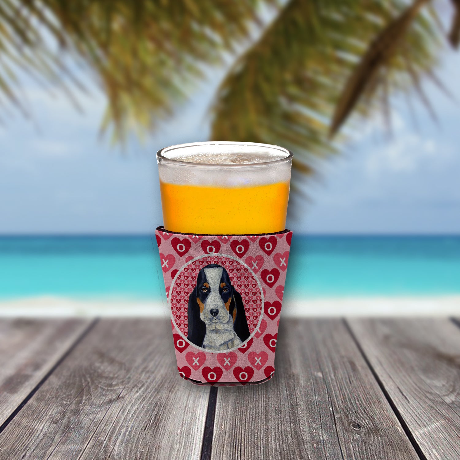 Basset Hound Valentine's Love and Hearts Red Cup Beverage Insulator Hugger  the-store.com.