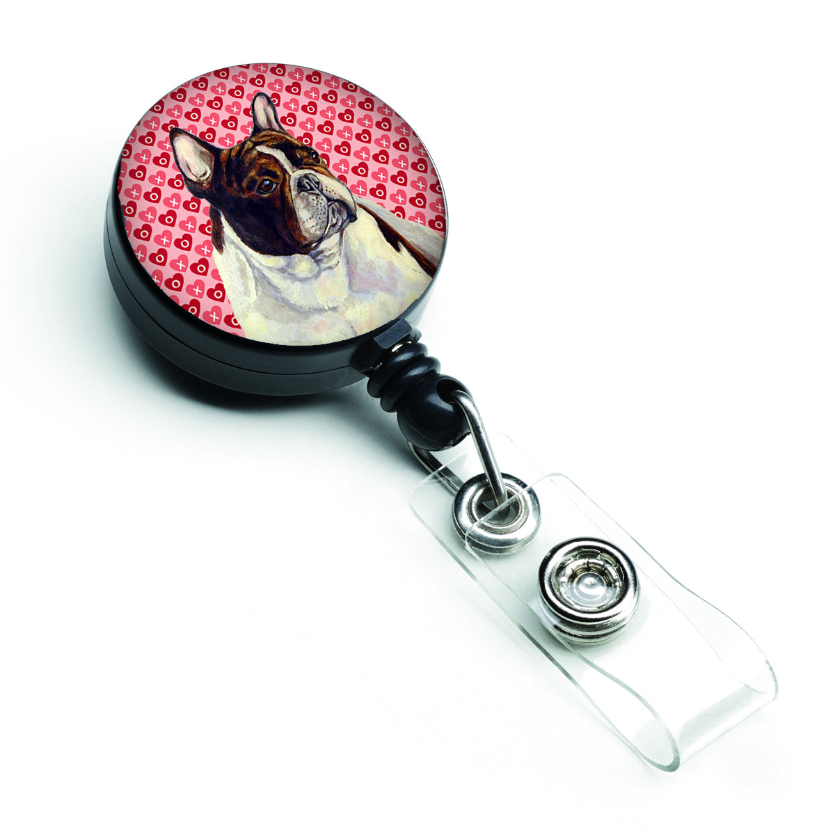 French Bulldog Love and Hearts Retractable Badge Reel or ID Holder with Clip.