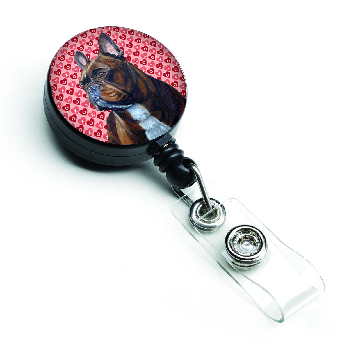 French Bulldog Love and Hearts Retractable Badge Reel or ID Holder with Clip.