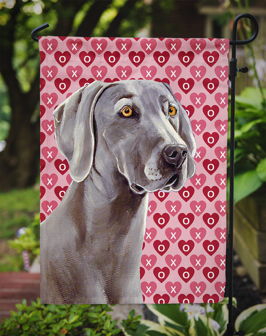 Weimaraner Hearts Love and Valentine's Day Portrait Flag Garden Size.