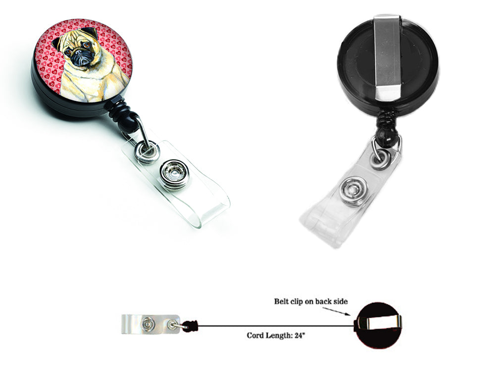 Pug Valentine's Love and Hearts Retractable Badge Reel or ID Holder with Clip.