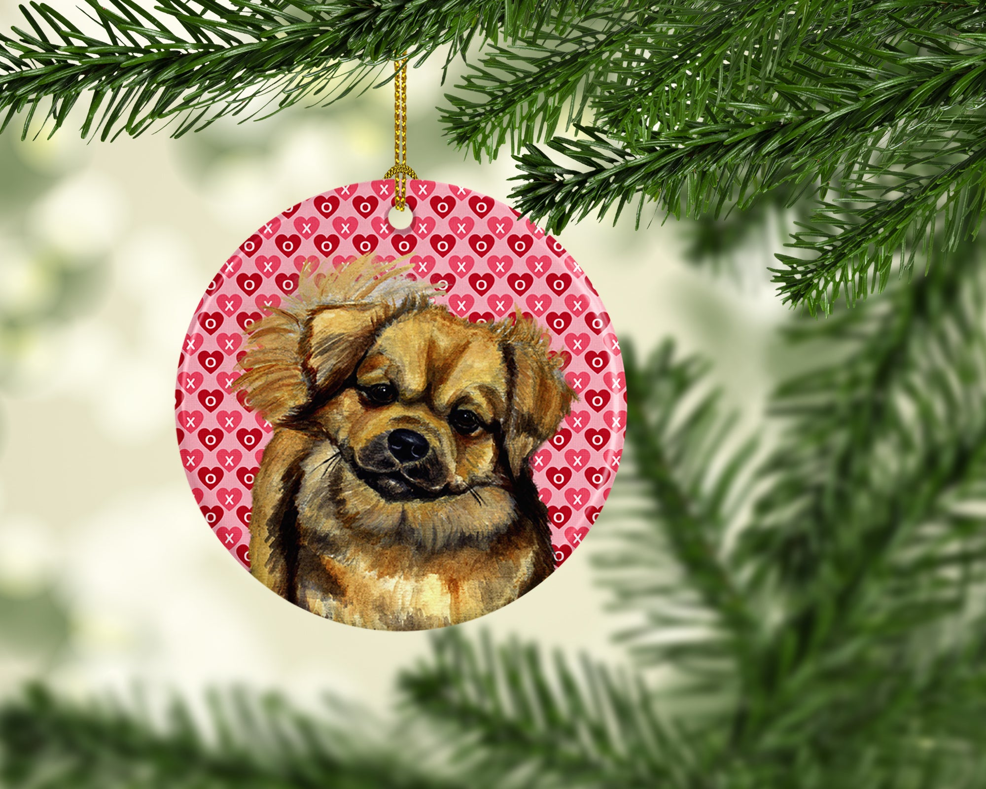 Tibetan Spaniel Valentine's Love and Hearts Ceramic Ornament - the-store.com