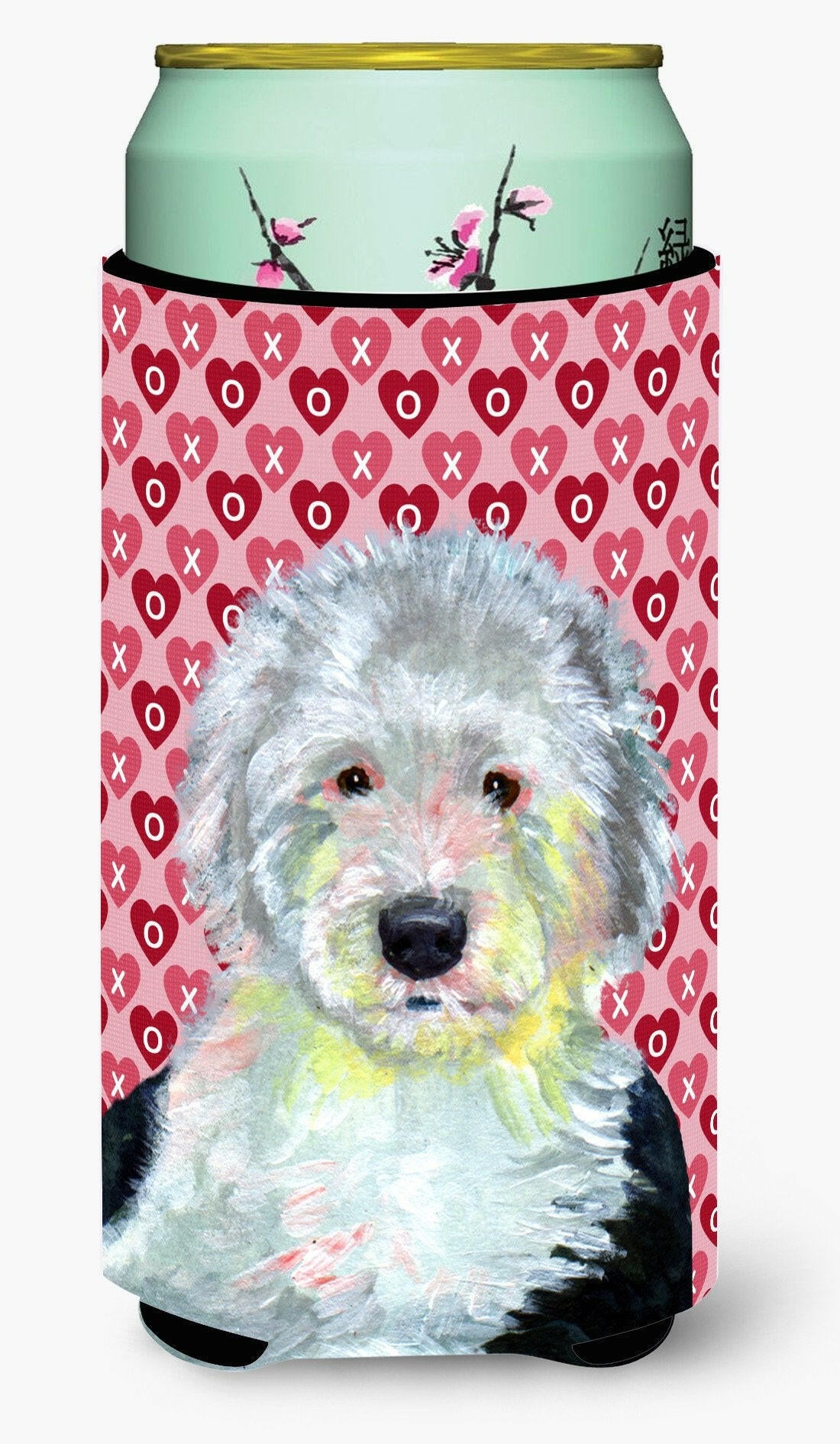 Old English Sheepdog Hearts Valentine's Day Portrait  Tall Boy Beverage Insulator Beverage Insulator Hugger by Caroline's Treasures