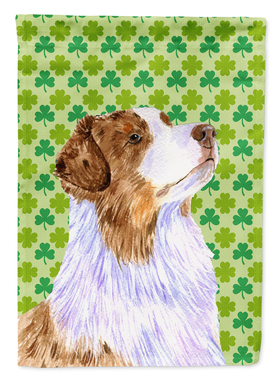 Australian Shepherd St. Patrick&#39;s Day Shamrock Flag Garden Size.