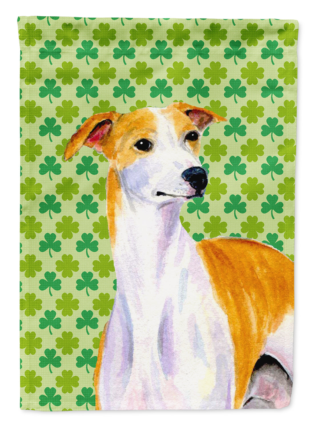 Whippet St. Patrick's Day Shamrock Portrait Flag Garden Size.