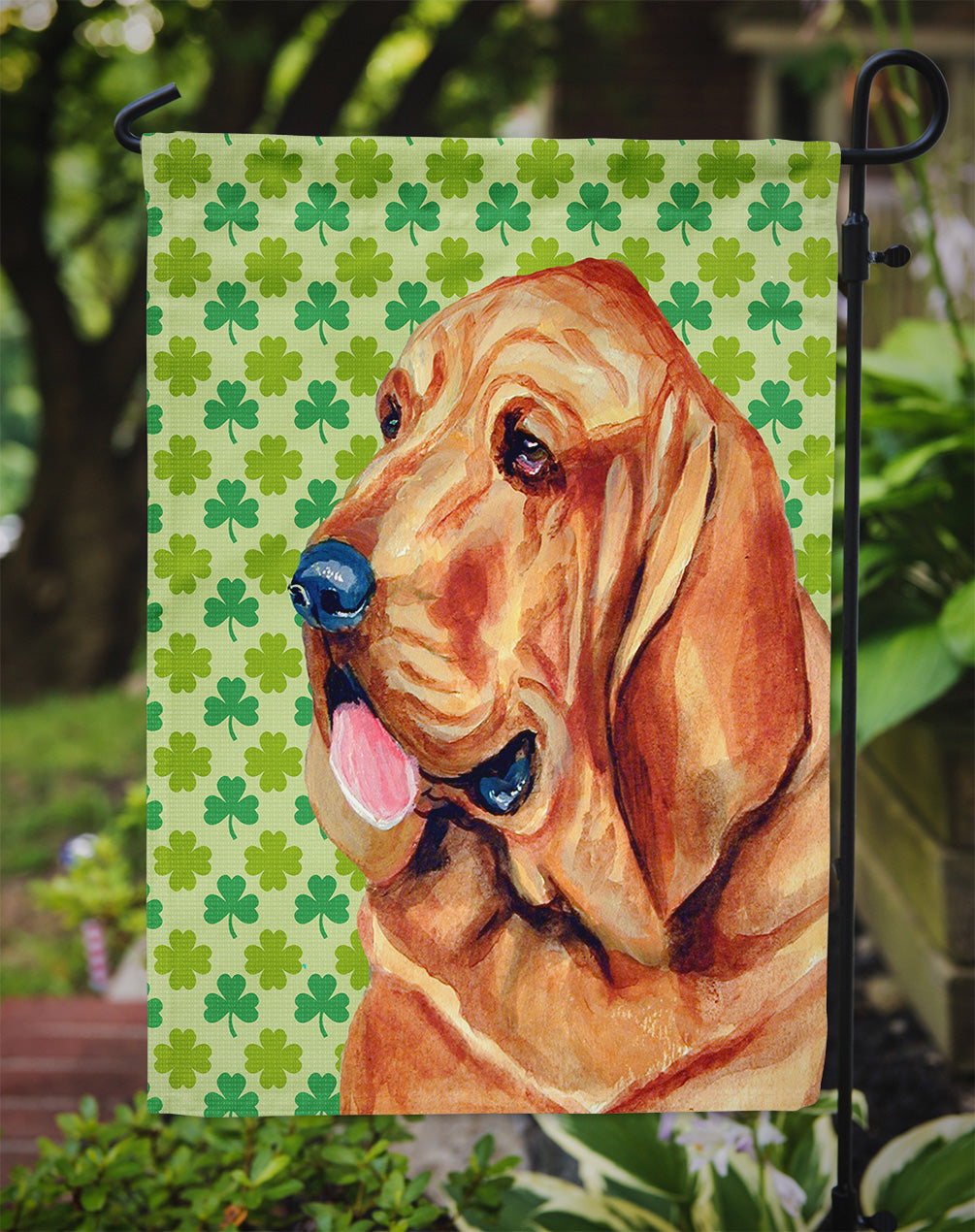 Bloodhound St. Patrick's Day Shamrock Portrait Flag Garden Size.