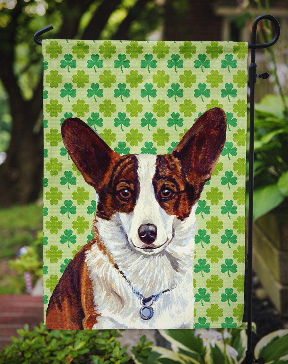 Corgi St. Patrick's Day Shamrock Portrait Flag Garden Size.