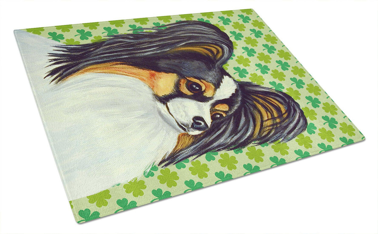 Papillon St. Patrick's Day Shamrock Portrait Glass Cutting Board Large by Caroline's Treasures