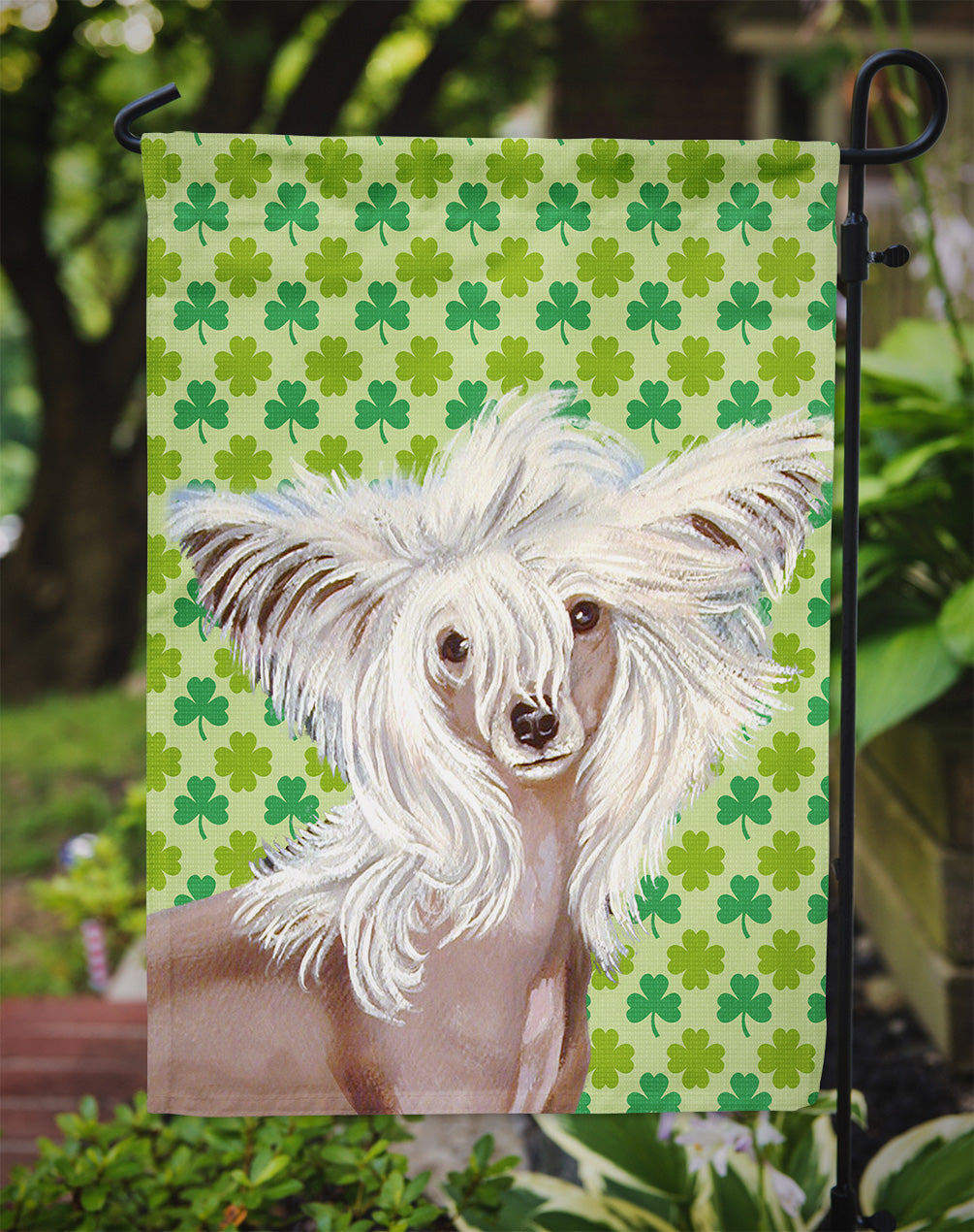 Chinese Crested St. Patrick's Day Shamrock Portrait Flag Garden Size.