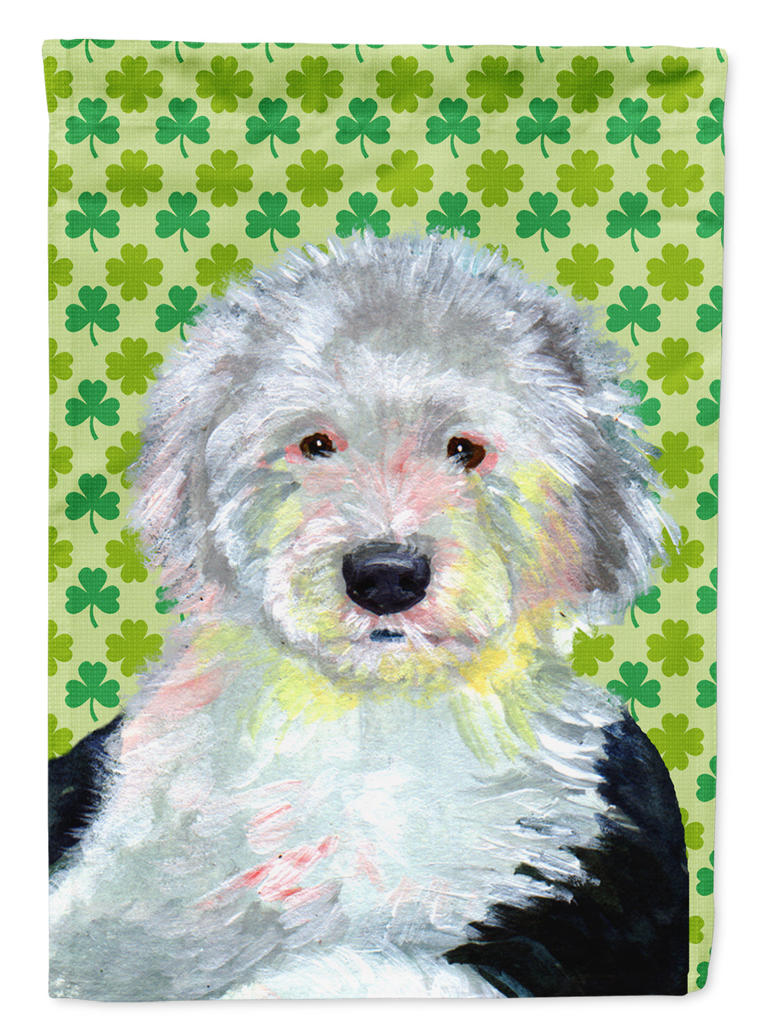 Old English Sheepdog St. Patrick&#39;s Day Shamrock Portrait Flag Canvas House Size  the-store.com.