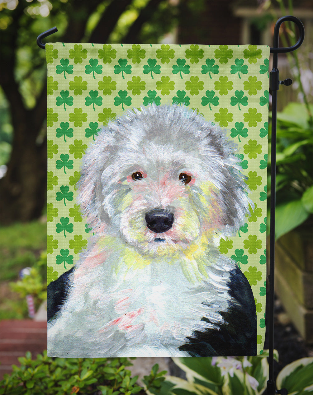 Old English Sheepdog St. Patrick's Day Shamrock Portrait Flag Garden Size.