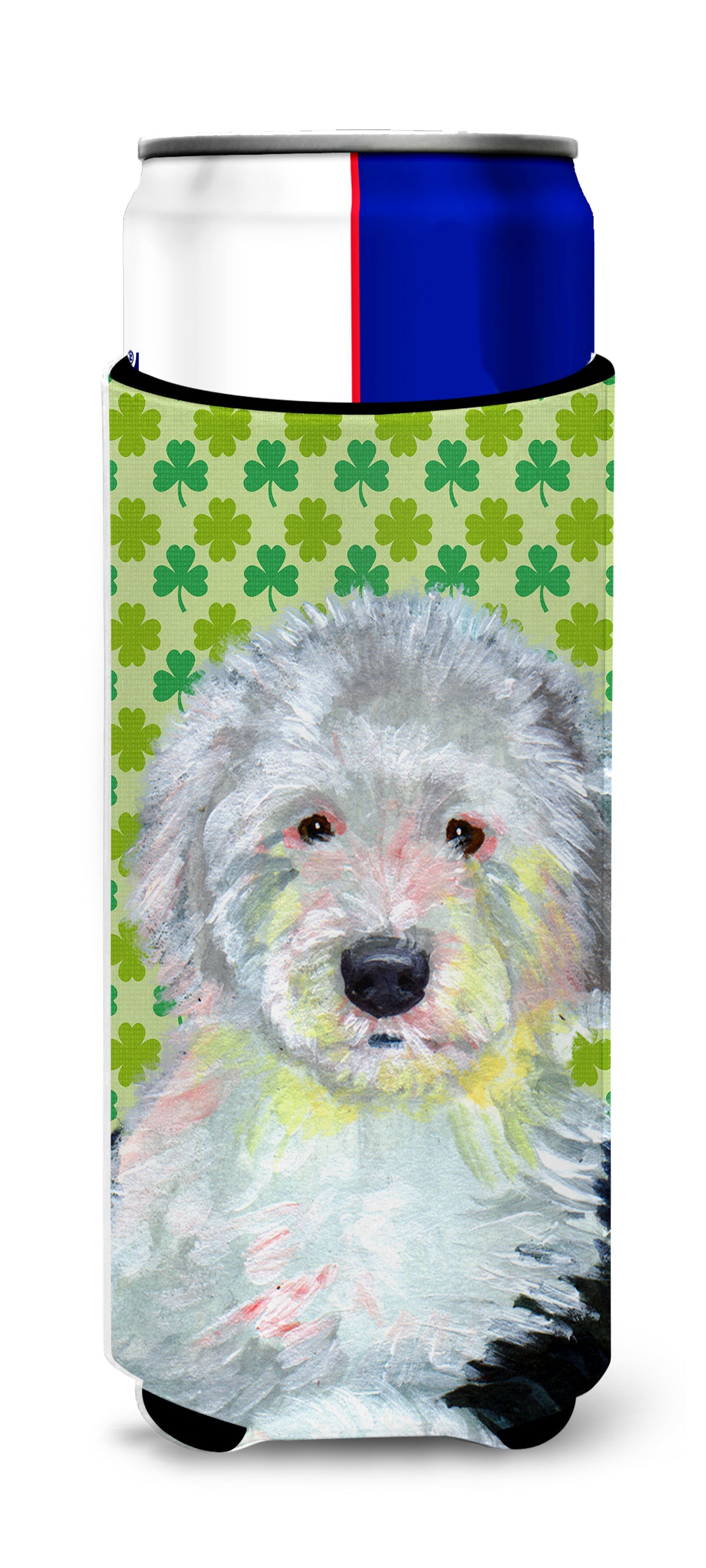 Old English Sheepdog St. Patrick's Day Shamrock Portrait Ultra Beverage Insulators for slim cans LH9216MUK.