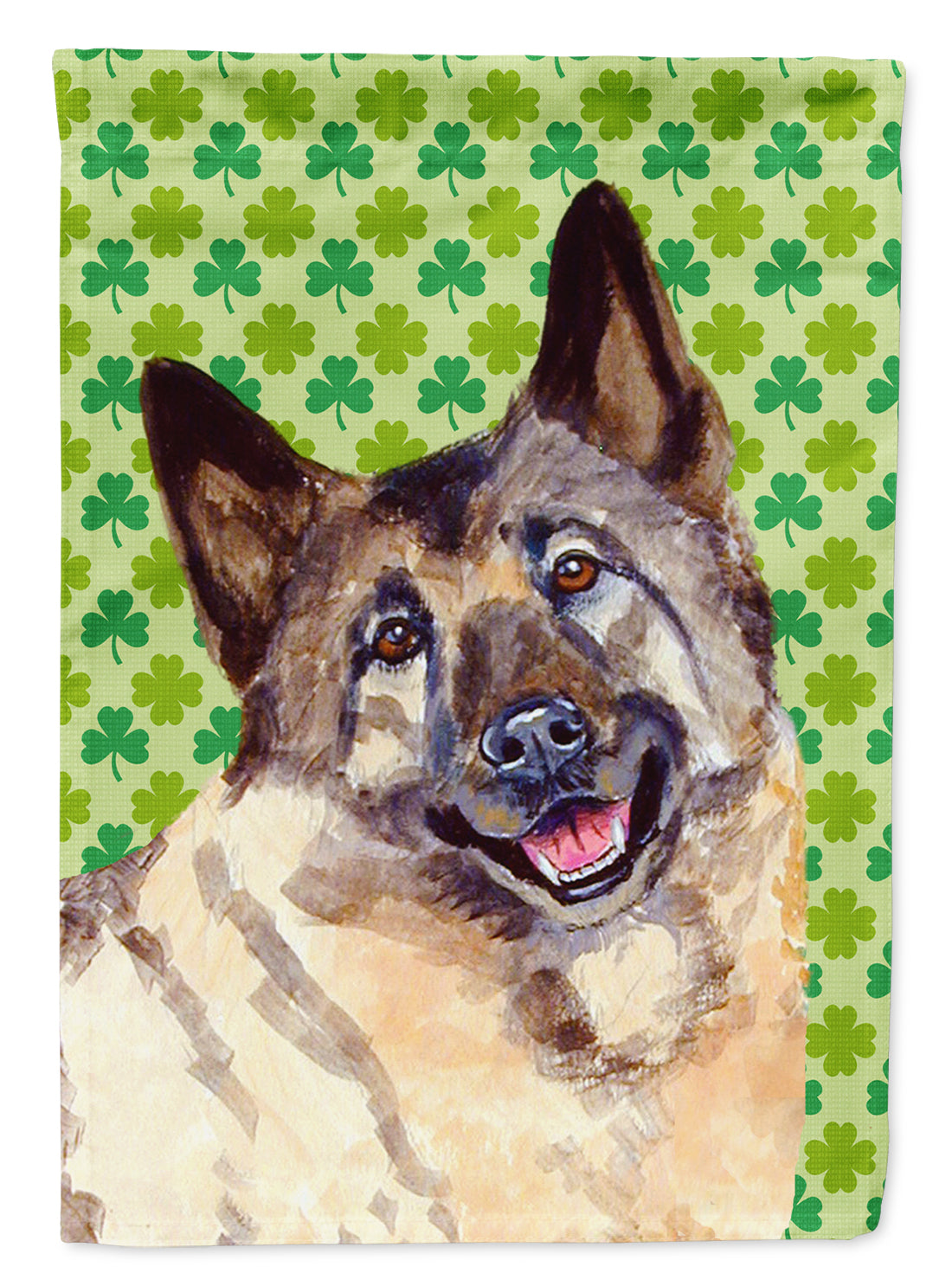 Norwegian Elkhound St. Patrick's Day Shamrock Portrait Flag Garden Size.