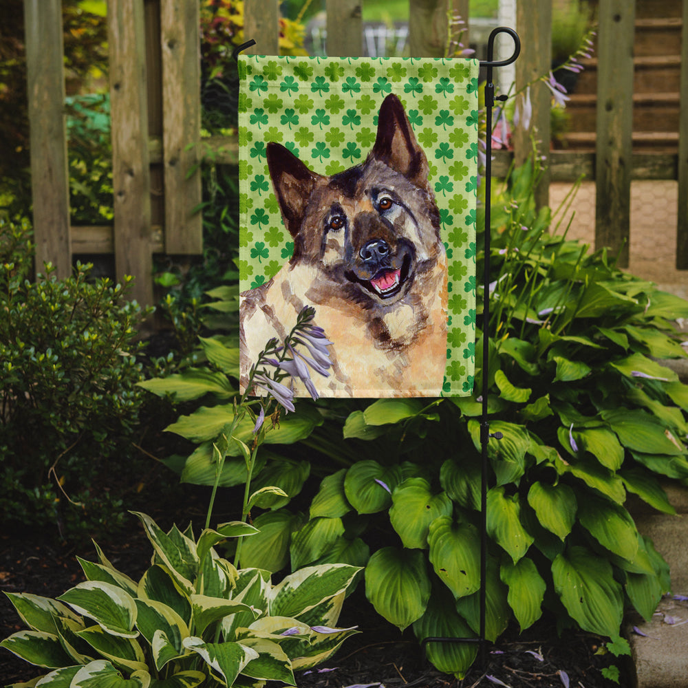 Norwegian Elkhound St. Patrick's Day Shamrock Portrait Flag Garden Size.