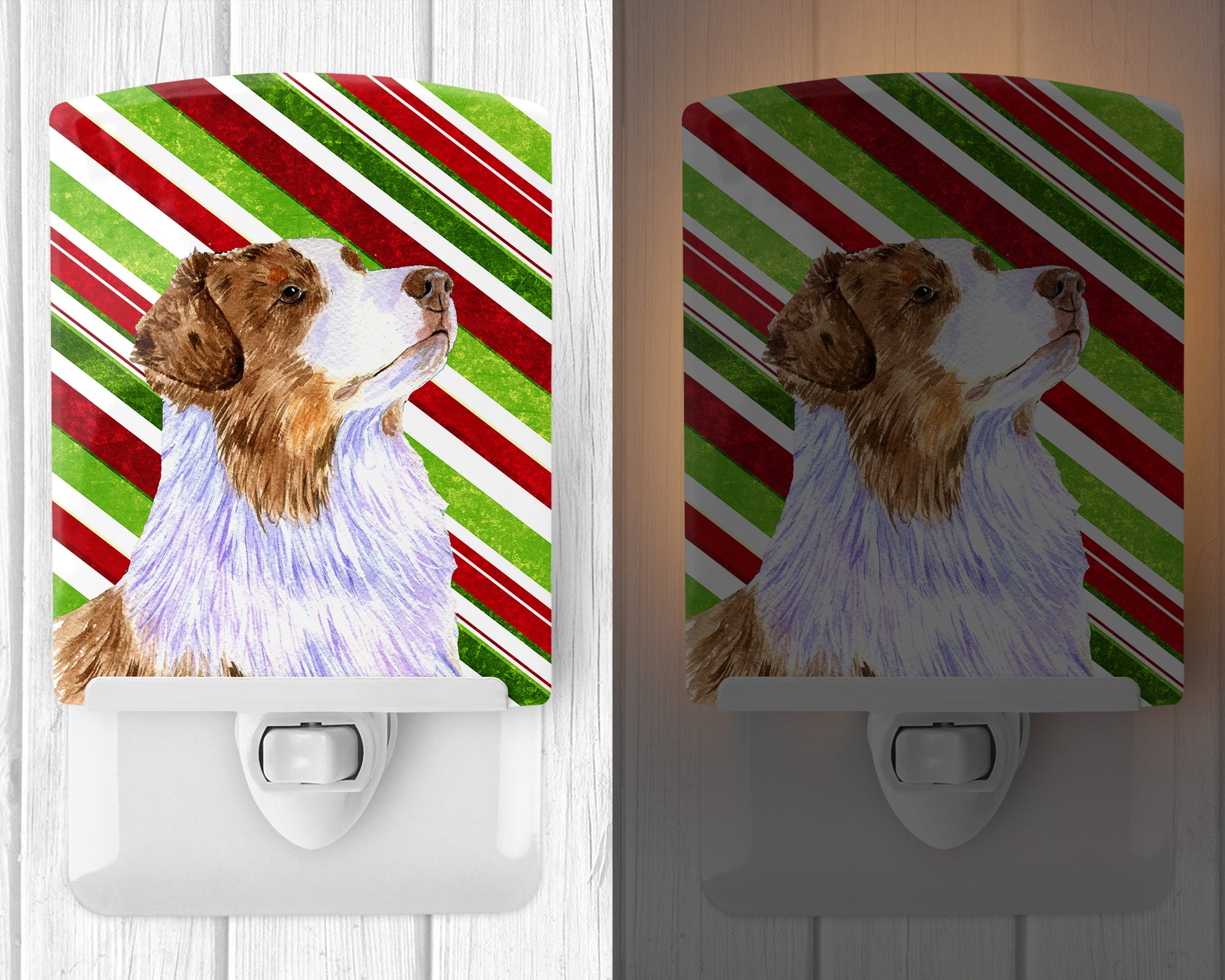 Australian Shepherd Candy Cane Holiday Christmas Ceramic Night Light LH9228CNL - the-store.com